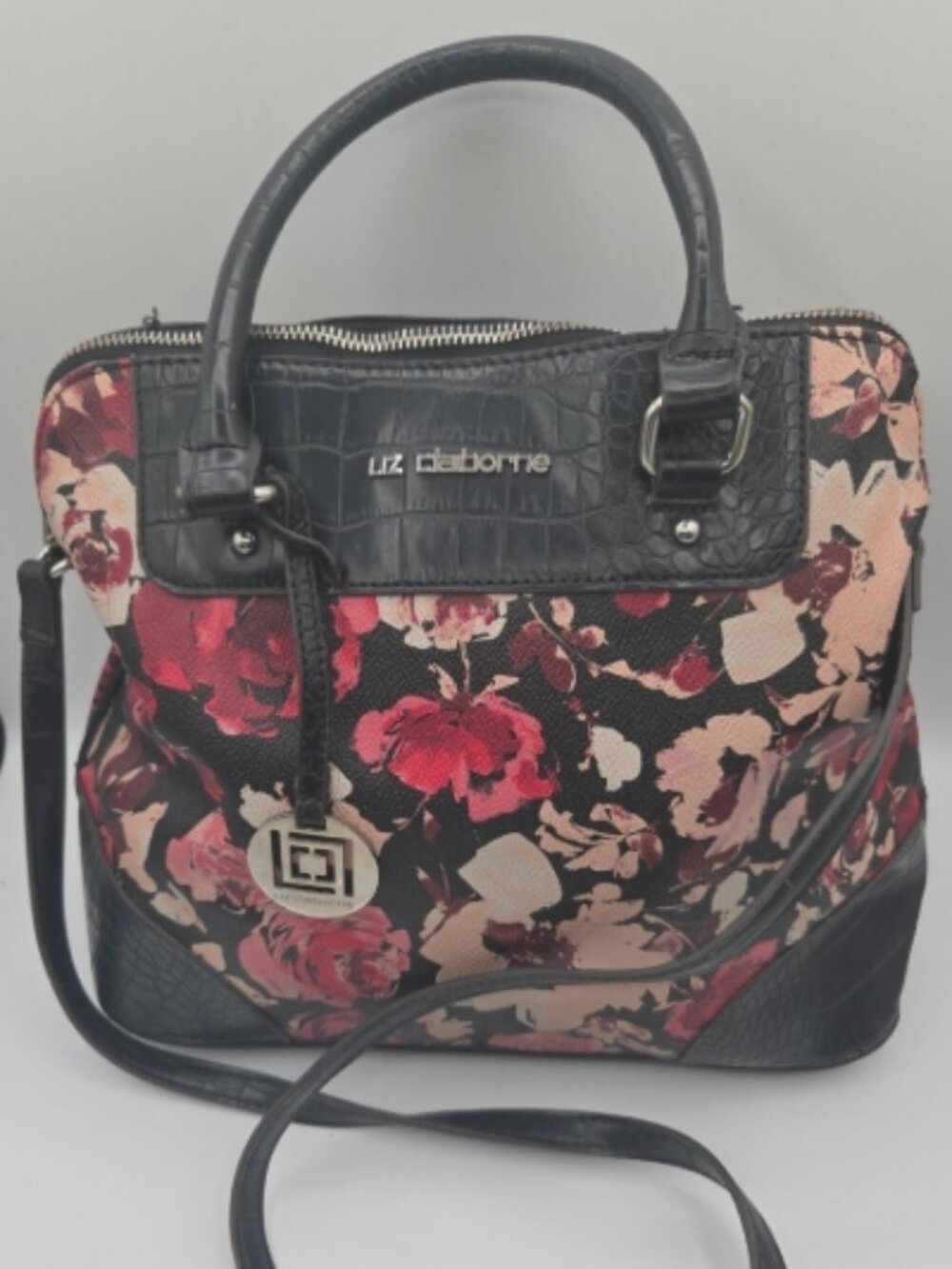 Liz Claiborne Floral Satchel Bag Black Red Pink Croc Trim